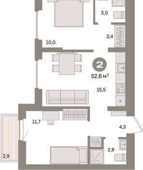 2-к квартира, вторичка, 53м2, 7/16 этаж