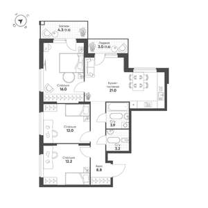 3-к квартира, строящийся дом, 80м2, 7/25 этаж