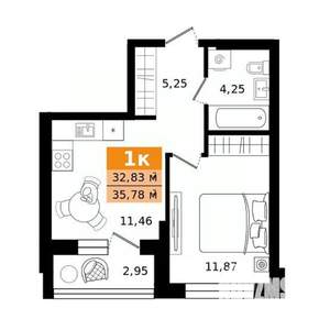 1-к квартира, строящийся дом, 36м2, 2/23 этаж