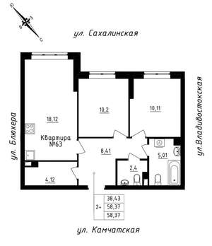 2-к квартира, строящийся дом, 58м2, 6/25 этаж