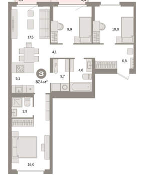 3-к квартира, вторичка, 87м2, 5/16 этаж