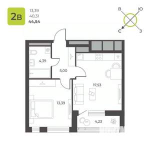 1-к квартира, строящийся дом, 45м2, 16/23 этаж