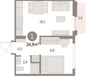 1-к квартира, вторичка, 35м2, 7/9 этаж