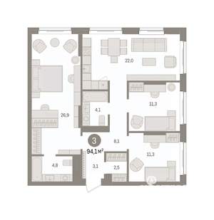 3-к квартира, вторичка, 94м2, 2/25 этаж