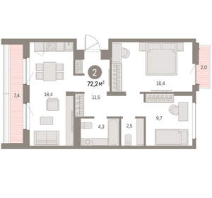 2-к квартира, вторичка, 72м2, 9/9 этаж