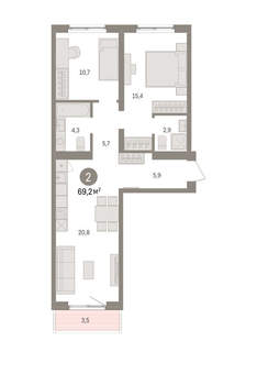 2-к квартира, вторичка, 69м2, 4/15 этаж