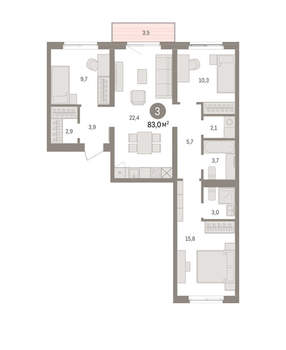 3-к квартира, вторичка, 83м2, 3/15 этаж