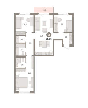 3-к квартира, вторичка, 82м2, 3/15 этаж