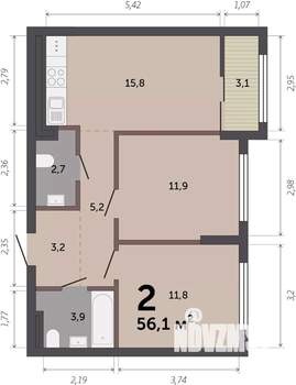 2-к квартира, строящийся дом, 56м2, 9/17 этаж