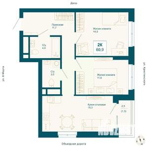 2-к квартира, вторичка, 61м2, 9/21 этаж