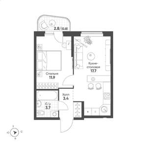1-к квартира, строящийся дом, 38м2, 3/15 этаж