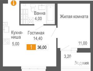 1-к квартира, строящийся дом, 36м2, 20/26 этаж