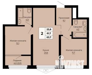 2-к квартира, строящийся дом, 64м2, 24/24 этаж