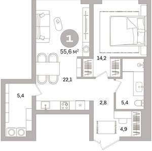 1-к квартира, вторичка, 56м2, 11/25 этаж