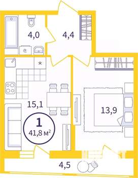 1-к квартира, вторичка, 40м2, 4/8 этаж