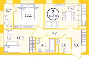 2-к квартира, вторичка, 60м2, 7/9 этаж