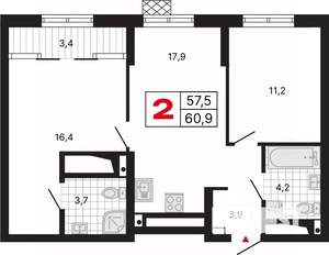 2-к квартира, вторичка, 61м2, 26/29 этаж