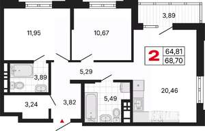 2-к квартира, вторичка, 69м2, 6/6 этаж