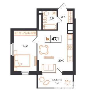 1-к квартира, вторичка, 47м2, 20/21 этаж