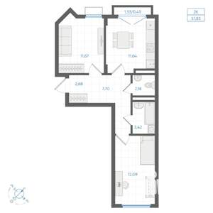 2-к квартира, строящийся дом, 52м2, 4/4 этаж