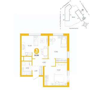 3-к квартира, вторичка, 56м2, 9/24 этаж