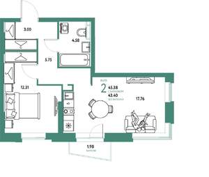 2-к квартира, строящийся дом, 45м2, 8/20 этаж