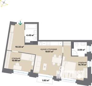 2-к квартира, строящийся дом, 65м2, 5/9 этаж