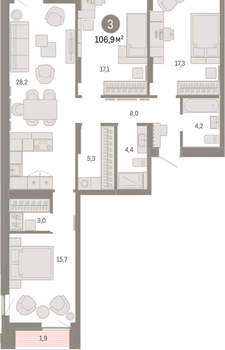 3-к квартира, вторичка, 107м2, 4/16 этаж