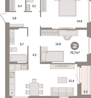 2-к квартира, вторичка, 73м2, 13/16 этаж