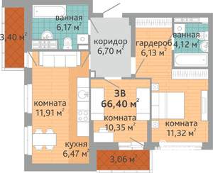 3-к квартира, строящийся дом, 66м2, 9/24 этаж