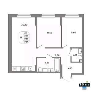 3-к квартира, вторичка, 59м2, 18/32 этаж