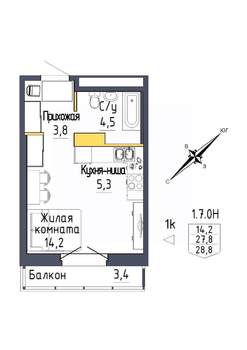 1-к квартира, строящийся дом, 29м2, 1/9 этаж