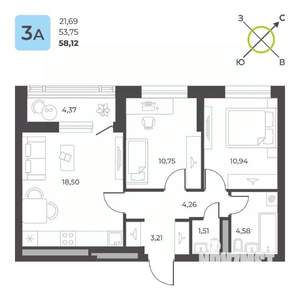2-к квартира, строящийся дом, 58м2, 23/23 этаж