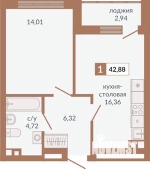 1-к квартира, строящийся дом, 43м2, 2/31 этаж