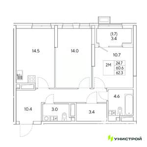 2-к квартира, вторичка, 62м2, 25/31 этаж