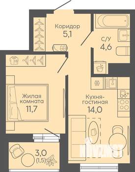 1-к квартира, вторичка, 37м2, 5/16 этаж
