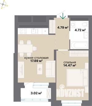 1-к квартира, вторичка, 45м2, 2/25 этаж