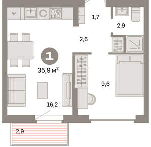 1-к квартира, вторичка, 36м2, 9/9 этаж