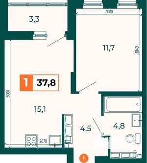 1-к квартира, строящийся дом, 38м2, 21/25 этаж