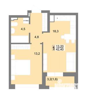 1-к квартира, вторичка, 42м2, 3/25 этаж