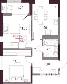 2-к квартира, вторичка, 52м2, 24/25 этаж