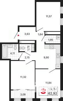 3-к квартира, вторичка, 63м2, 25/25 этаж