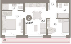 2-к квартира, вторичка, 58м2, 8/9 этаж