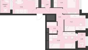 3-к квартира, строящийся дом, 70м2, 22/22 этаж