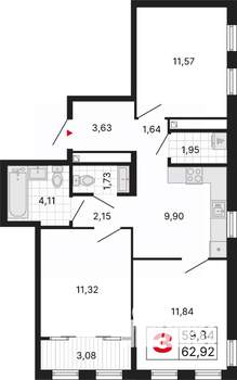 3-к квартира, вторичка, 63м2, 24/25 этаж