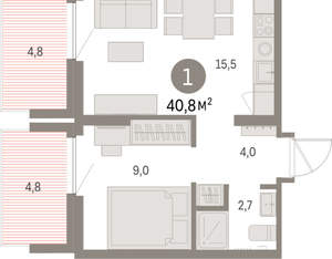 1-к квартира, вторичка, 41м2, 4/9 этаж