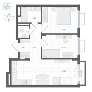 2-к квартира, строящийся дом, 55м2, 2/4 этаж