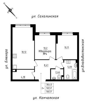 2-к квартира, строящийся дом, 59м2, 1/25 этаж