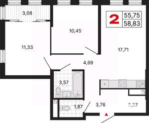 2-к квартира, вторичка, 59м2, 23/25 этаж