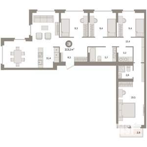 4-к квартира, вторичка, 113м2, 9/9 этаж